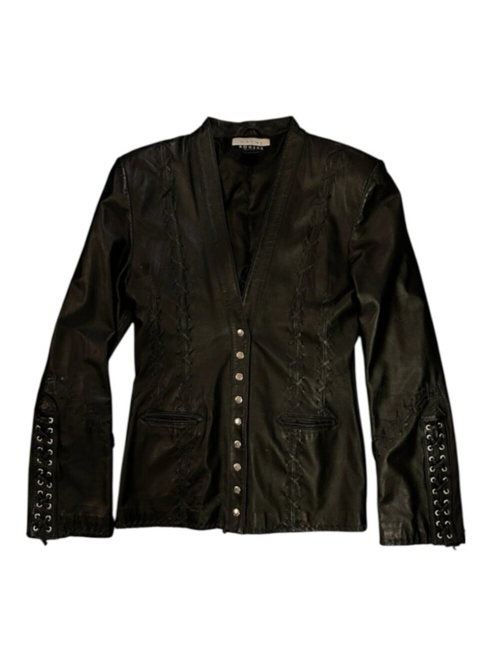 Wayne Rogers Black Genuine Leather Jacket Womens M Lace Up Corset Western Y2K